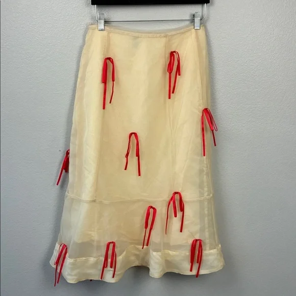 Maeve Ribbon Pencil Midi Skirt Cream Red Bows Ruffle Anthropologie 6